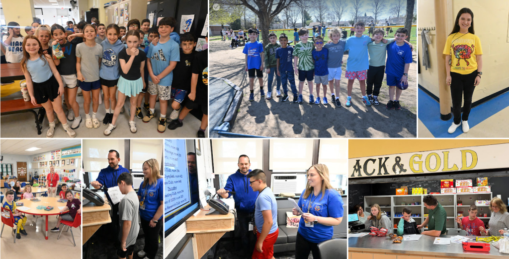 a group of kids wearing same color shorts in the classroom